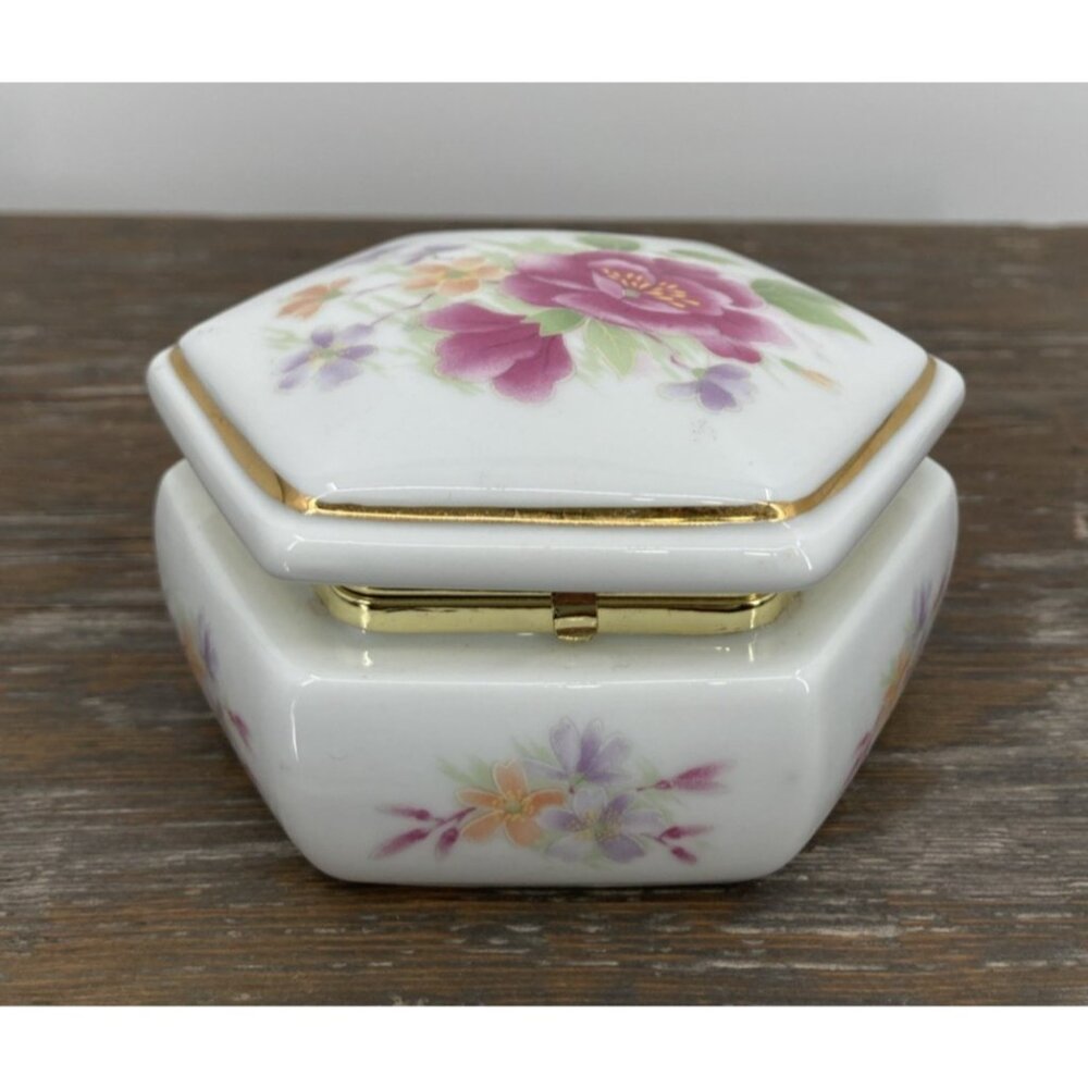 Rare Vintage Linden Porcelain Musical Trinket Box Pink Purple Flowers Edelweiss